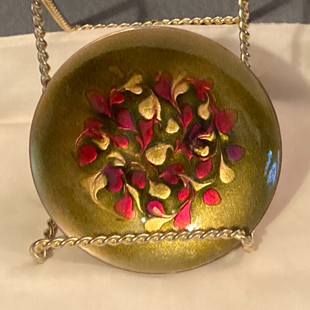 VTG Artisan Enamel & Copper Trinket Dish Golden Brown w/Gold & Red Swirls-Signed